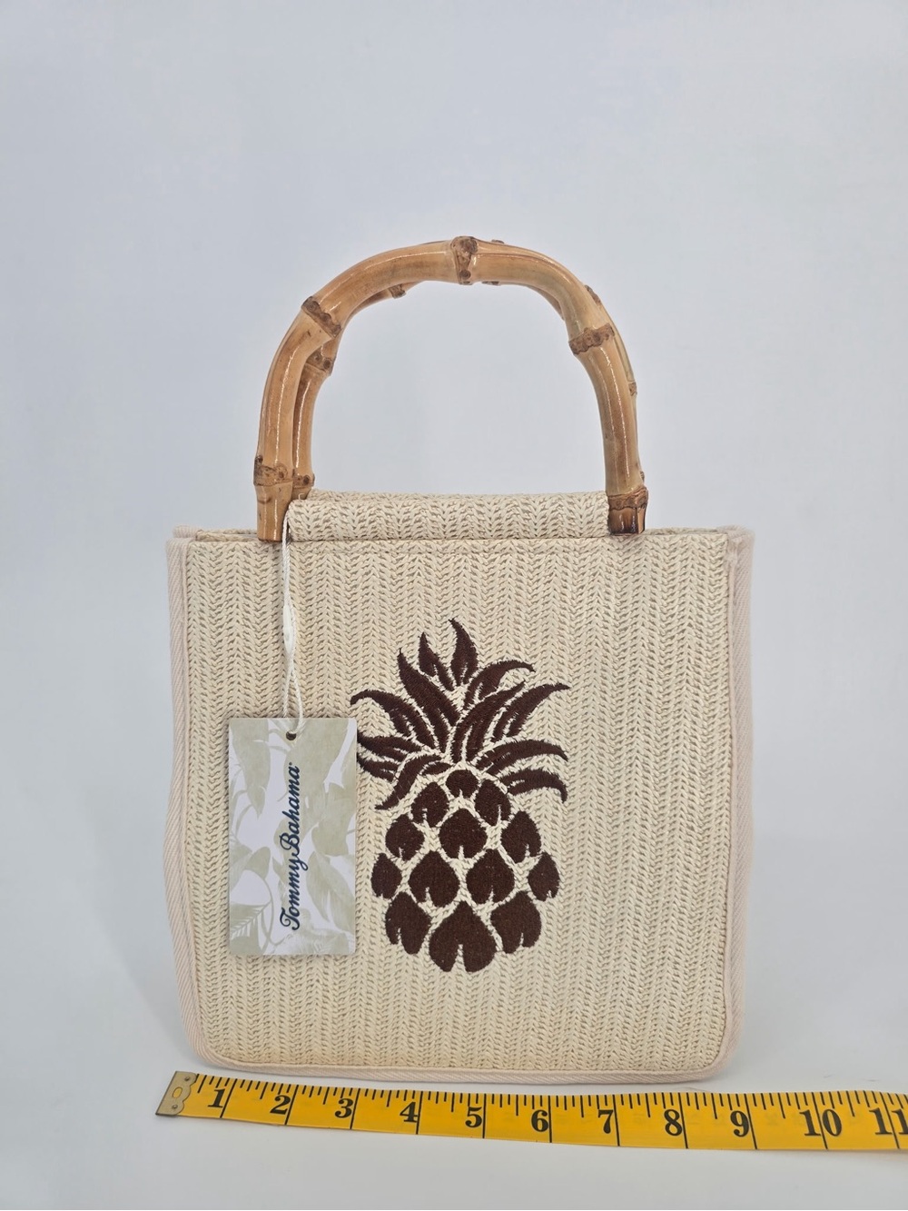 Tommy Bahama Cream Tote with Brown Pineapple Embroidery and Bamboo Handles